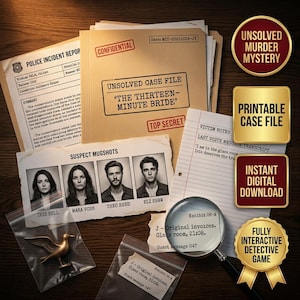May include: An unsolved murder mystery case file titled The Thirteen-Minute Bride, featuring a police incident report, suspect mugshots of Iris Bell, Mara Vcss, Theo Reed, and Eli Shaw, victim notes, a magnifying glass, and a small bird figurine.