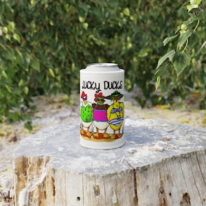 Lucky Ducks Stubby Cooler, Fun Drink Sleeve for Parties, Summer BBQs, Unique Gift for Friends, Beach Days Cooler, Colorful Beverage Holder
