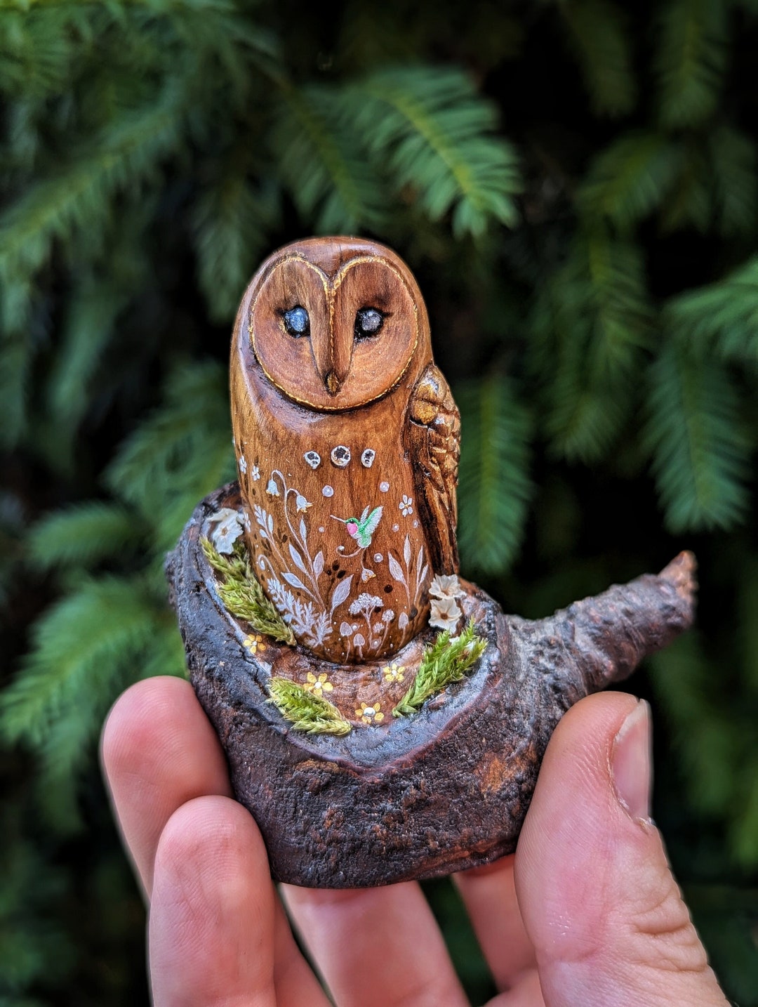 Barn Owl Ring Holder Sculpture - Tyto Alba - Hand Carved With Moss and ...
