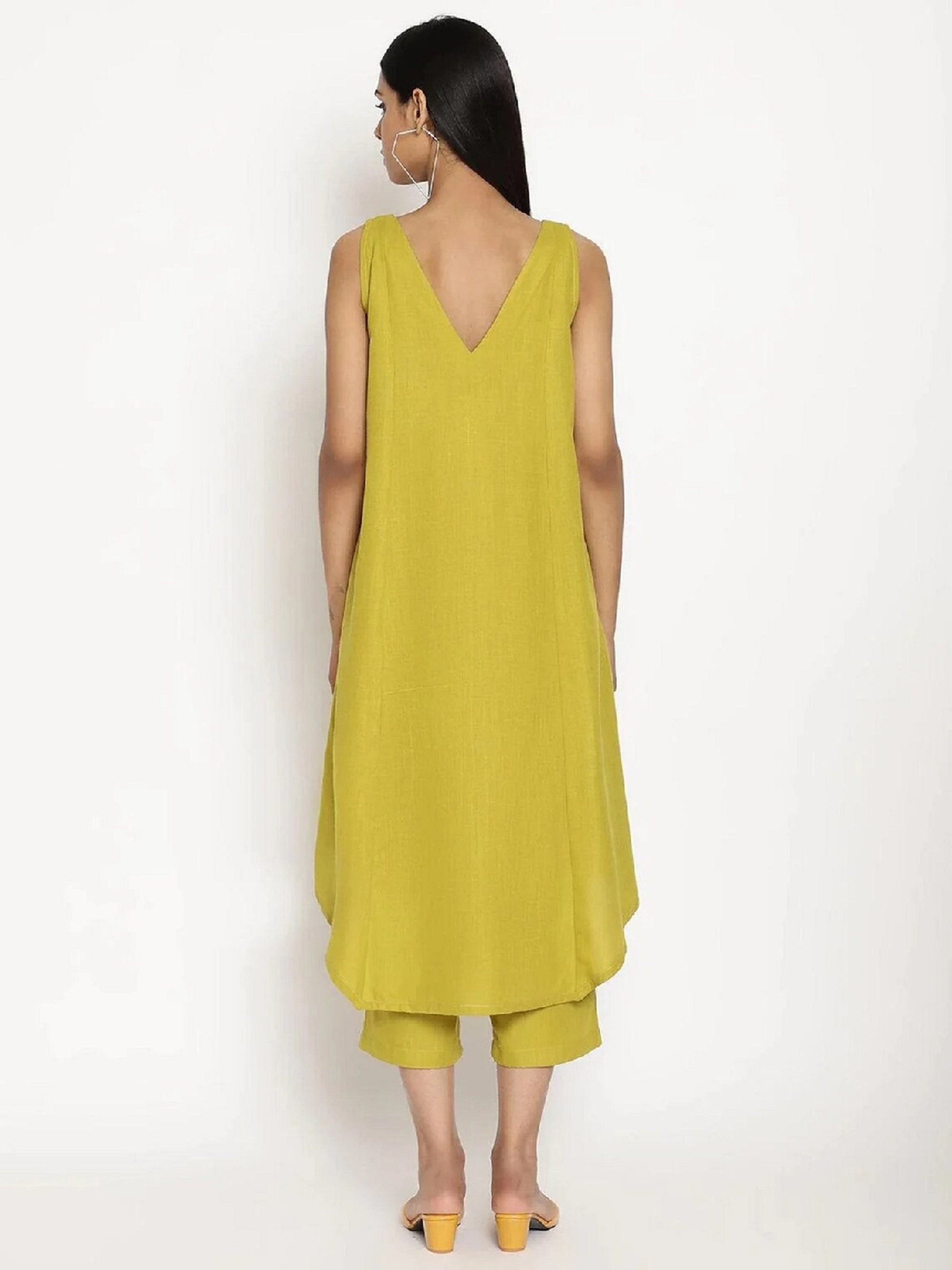 Cotton Linen Tunic Set, Vneck Sleeveless Flared Kurta Pant for Womens