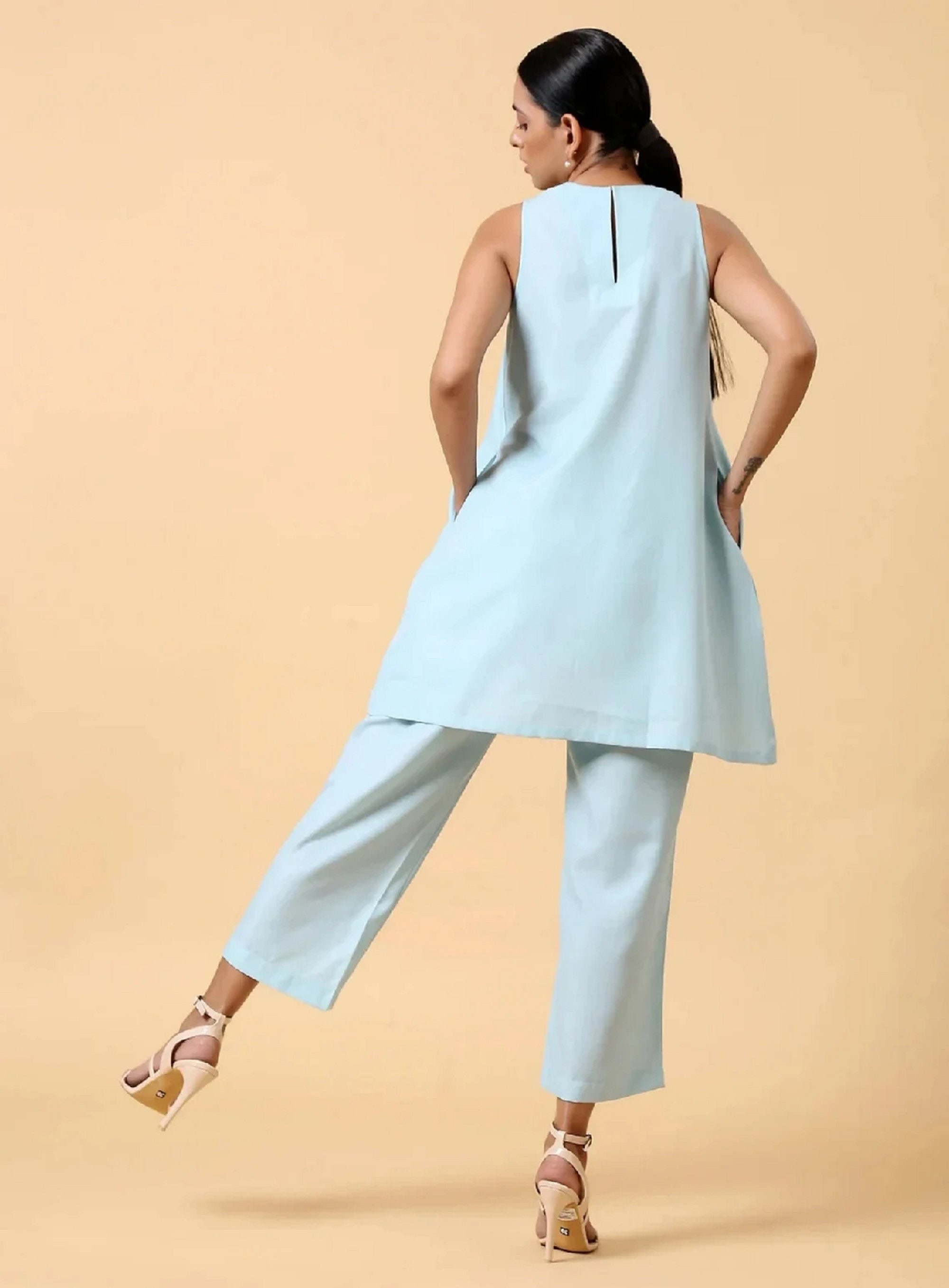 TAN BEIGE PIN STRIPED LINEN COTTON KURTA PANT CO-ORD SET