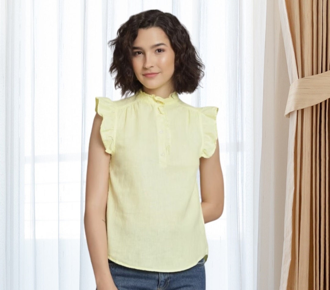Band Collar Flutter Sleeves Linen Top, Linen Blouse for Women, Linen