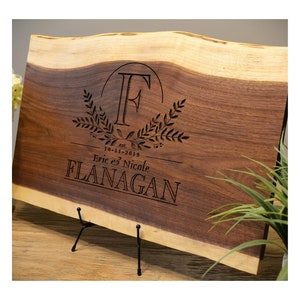Personalized Live Edge Walnut Engraved Cutting Board Wedding Gift Display Unique Rustic Bride Groom Anniversary Christmas Parents Couple