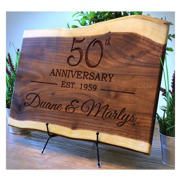 Personalized Cutting Board Wedding Gift Walnut Live Edge Artisan Rustic Display Unique Custom Engraved Bride Groom, Anniversary Years Choice