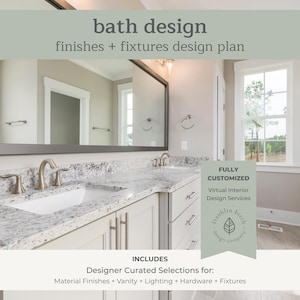 Puede incluir: Diseño de baño con tocador, encimera de granito y armarios blancos. La imagen incluye texto que dice "bath design finishes + fixtures design plan" y "Designer Curated Selections".