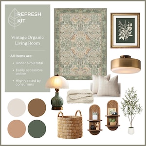 Vintage Organic Living Room | Online Interior Design | Interior Design Services | Mood Board | Shoppable Design | Pre-made Designs