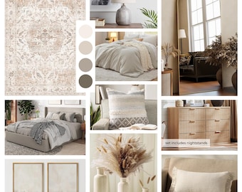 May include: A collage of home decor items in neutral tones. Includes a patterned rug, bedding, a lamp, a mirror, artwork, a pillow, vases with pampas grass, and a dresser. The overall aesthetic is modern and minimalist.