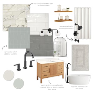 Diseño de baños / Diseño de interiores online / Plantillas de diseño de interiores / Diseño de baños serenos / Tablero de inspiración / Diseño para comprar