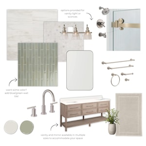 Diseño de baños / Diseño de interiores online / Plantillas de diseño de interiores / Diseño de baños de transición / Tablero de inspiración / Diseño para comprar