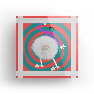 Può includere: Un'illustrazione fantasiosa di un dente di leone con una sciarpa viola e scarpe rosse, su uno sfondo verde e rosso vorticoso.