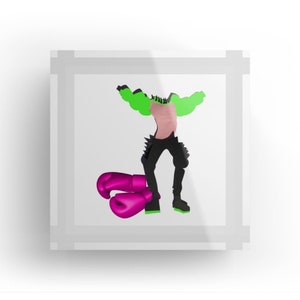 Può includere: Un'illustrazione digitale di una persona che indossa una camicia rosa, pantaloni neri e guantoni da boxe verdi. La persona è in piedi in posizione di boxe con le braccia alzate. Lo sfondo è bianco.