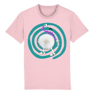 May include: Pink t-shirt featuring a green spiral design and a white dandelion with a purple stem and white legs in the centre.