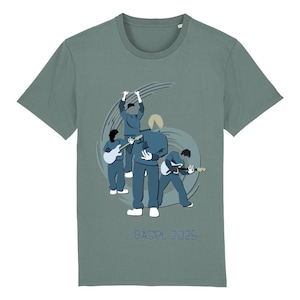 May include: Sage green t-shirt featuring a band illustration in shades of blue and white. The graphic depicts four figures playing guitars and a fifth figure with arms raised. The text "BASEL 2025" is printed below the illustration.