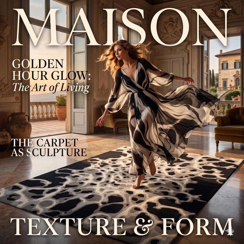 Puede incluir: Una alfombra rectangular con un patr&oacute;n org&aacute;nico abstracto en negro, blanco y gris. La alfombra se muestra en una habitaci&oacute;n con superposiciones de texto que dicen MAISON, GOLDEN HOUR GLOW: The Art of Living, THE CARPET AS SCULPTURE y TEXTURE & FORM.