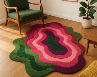 Hand Tufted Wool Rug, Abstract Wavy Area Carpet, Colorful Retro Room Decor