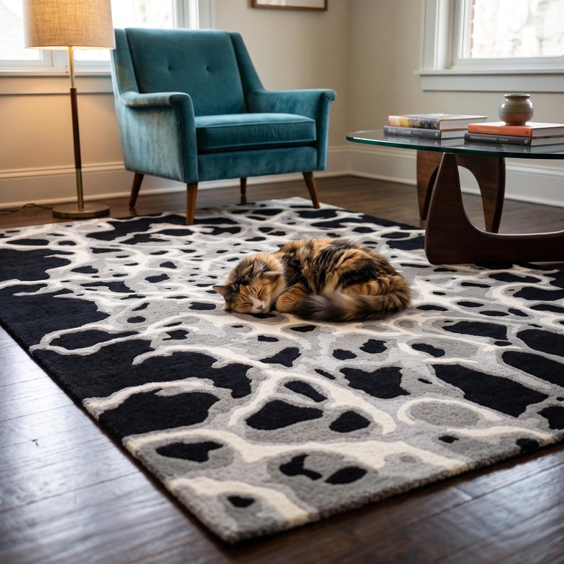 Puede incluir: Una alfombra rectangular con un patr&oacute;n abstracto de alto contraste de formas org&aacute;nicas similares a amebas en tonos negro, gris carb&oacute;n y blanco roto. Un gato calic&oacute; de pelo largo duerme enroscado en el centro de la alfombra.