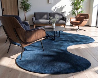 Hand-Tufted Wool Rug, Navy Blue Irregular Organic Carpet, Modern Fluid Plush Mat