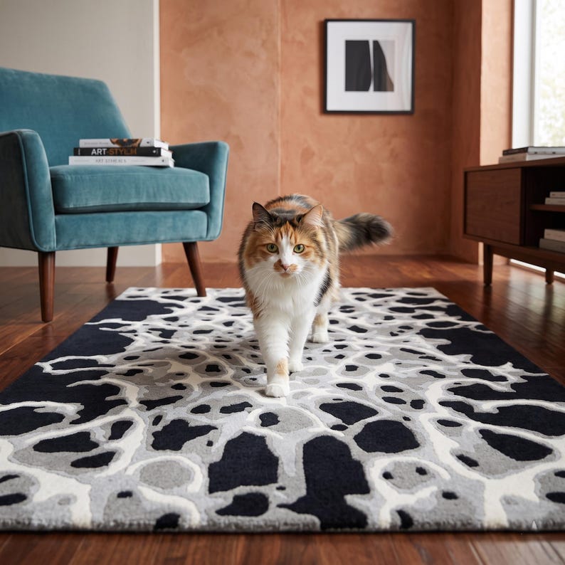 Puede incluir: Una alfombra rectangular con un patr&oacute;n abstracto de alto contraste en tonos negro, gris carb&oacute;n, gris claro y blanco. El dise&ntilde;o consiste en formas org&aacute;nicas similares a amebas que fluyen por la superficie, creando una textura visual fluida e interconectada en toda la pieza.