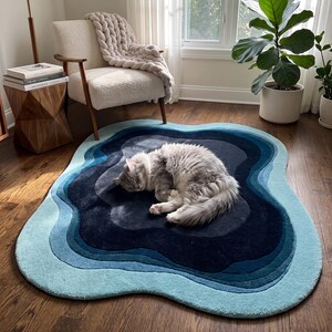 Hand-Tufted Wool Rug: Irregular Sky Blue & Black, Modern Art Carpet image 15