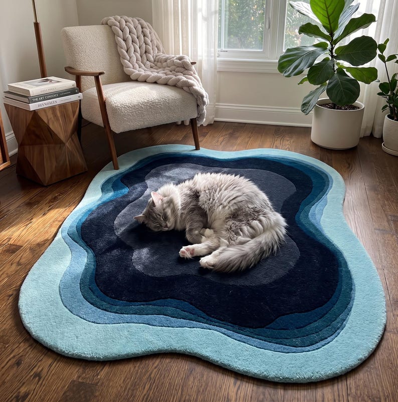 Hand-Tufted Wool Rug: Irregular Sky Blue & Black, Modern Art Carpet image 15