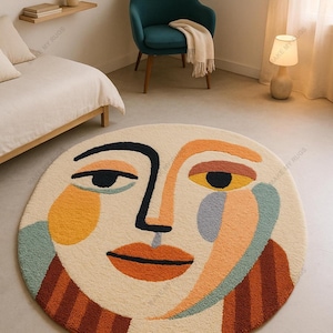 Abstract Face Hand Tufted Wool Rug – Cream, Mustard, Teal, Rust, Orange & Black – Modern Round Art Carpet for Living Room or Bedroom