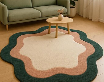 Hand-Tufted Wool Rug: Cream, Blush, Green Wavy Carpet
