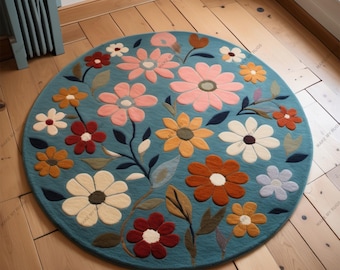 Flower Round Rug Hand Tufted Wool Rugs Area Rug for Kitchen Living Room Bedroom Kids Room Home Decor Carpet Circle Rugs home office gift