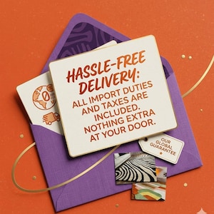 May include: A purple envelope containing a white card with the text HASSLE-FREE DELIVERY: ALL IMPORT DUTIES AND TAXES ARE INCLUDED. NOTHING EXTRA AT YOUR DOOR. A small tag reads OUR GLOBAL GUARANTEE, alongside two small fabric swatches with patterns.