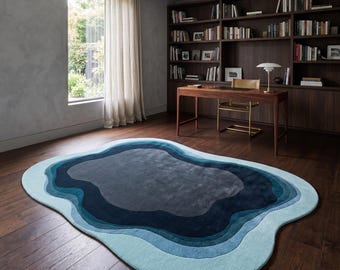 Alfombra de lana tejida a mano: Azul cielo y negro irregulares, alfombra de arte moderno.