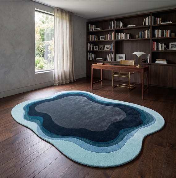 Hand-Tufted Wool Rug: Irregular Sky Blue & Black, Modern Art Carpet