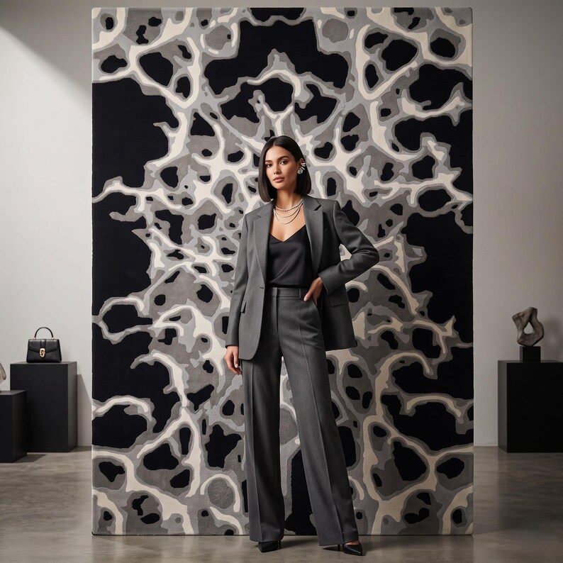 Puede incluir: Un blazer gris carb&oacute;n y pantalones anchos a juego sobre una camiseta negra. El conjunto se sit&uacute;a frente a un gran tapiz de pared rectangular con un patr&oacute;n org&aacute;nico abstracto en tonos negro, gris y blanco.