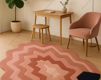 Hand-Tufted Wool Area Rug: Blush Pink, Terracotta & Black Abstract Zigzag