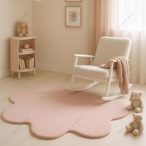 Blush Pink Hand Tufted Wool Rug – Flower Shaped Kids Nursery Carpet – Soft Pastel Area Rug for Baby Room or Playroom Deco