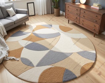 Hand-Tufted Wool Round Rug: Geometric Neutral Area Rug