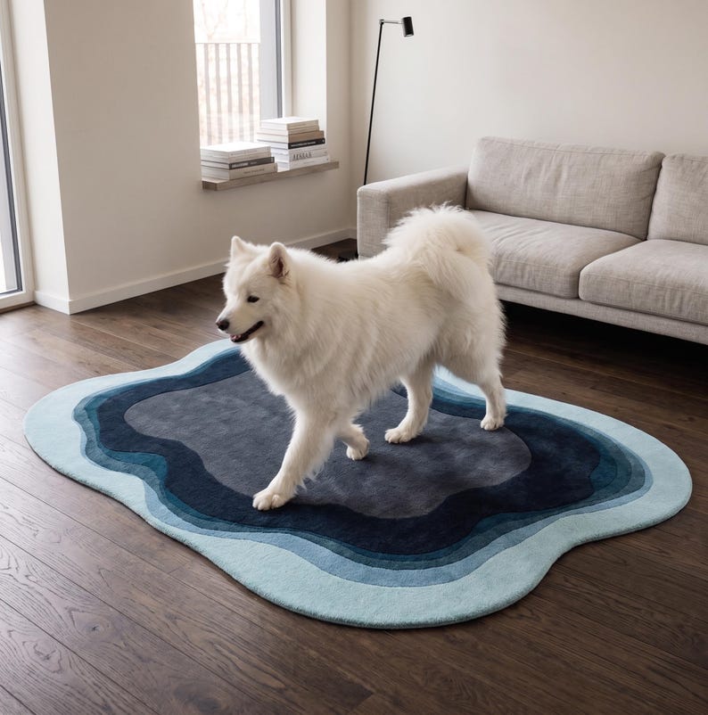 May include: An irregular oval-shaped area rug featuring concentric wavy bands of colour in shades of light blue, teal, navy, and dark charcoal grey. A fluffy white Samoyed dog stands on the rug, which is placed on a dark wood floor.