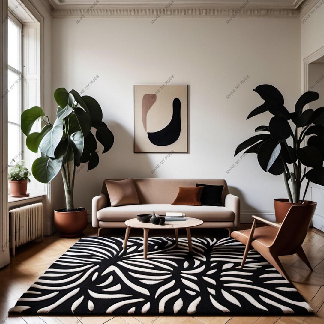 Hand-tufted Wool Rug: Modern Floral Design, Black & White - Etsy