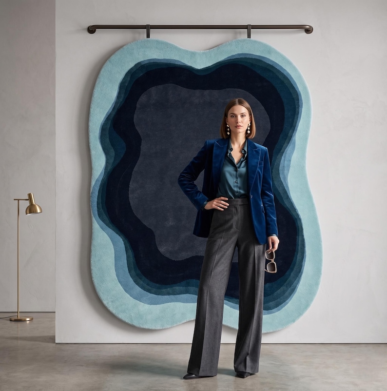 May include: A large, irregular, wall-mounted rug featuring concentric, wavy layers of blue, ranging from light cyan to deep navy. The rug is displayed on a dark horizontal rod against a plain wall, creating a layered, topographical appearance.