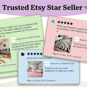 May include: Three customer review cards with five-star ratings displayed on a light background with the text Trusted Etsy Star Seller. The cards are light green, light pink, and light blue, each featuring customer feedback, photos of rugs, and responses from Make My Rugs.