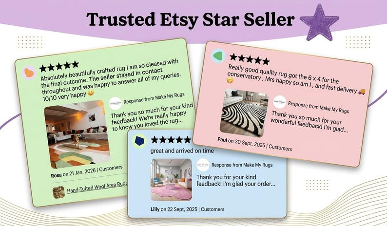 May include: Three customer review cards with five-star ratings displayed on a light background with the text Trusted Etsy Star Seller. The cards are light green, light pink, and light blue, each featuring customer feedback, photos of rugs, and responses from Make My Rugs.