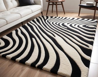 Modern Zebra Print Wool Rug | Hand-Tufted Abstract Wave Carpet, Japandi Home Decor