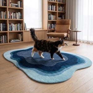 May include: An irregular, organic-shaped area rug featuring concentric layers of blue, ranging from light sky blue at the edges to deep navy in the centre. A long-haired tortoiseshell cat with black, brown, and white fur walks across the rug.