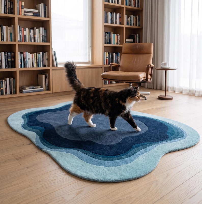 May include: An irregular, organic-shaped area rug featuring concentric layers of blue, ranging from light sky blue at the edges to deep navy in the centre. A long-haired tortoiseshell cat with black, brown, and white fur walks across the rug.