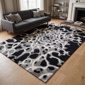 Alfombra de lana tejida a mano, diseño celular orgánico abstracto en negro y gris, alfombra moderna de mediados de siglo. imagen 1