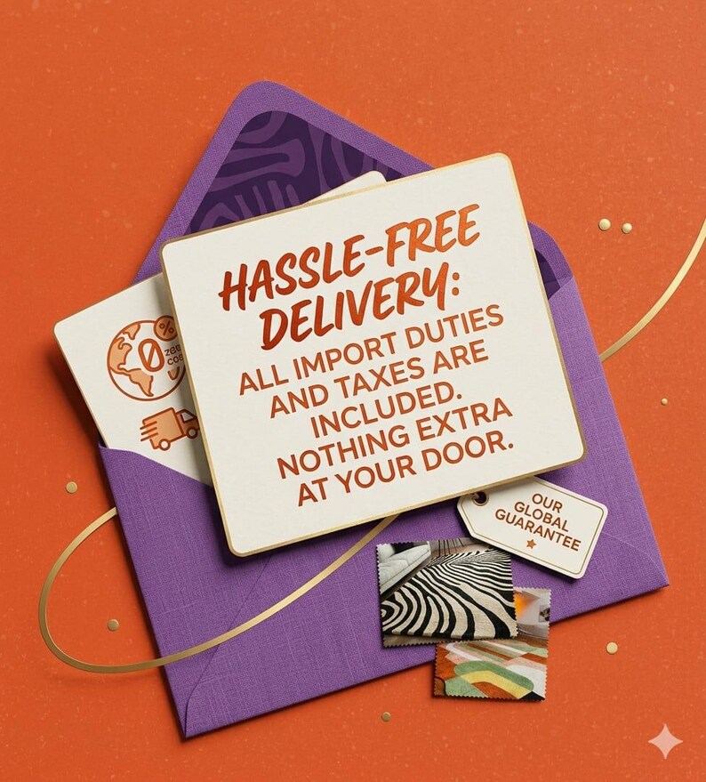 Puede incluir: Un sobre morado que contiene una tarjeta blanca con el texto HASSLE-FREE DELIVERY: ALL IMPORT DUTIES AND TAXES ARE INCLUDED. NOTHING EXTRA AT YOUR DOOR. Una peque&ntilde;a etiqueta dice OUR GLOBAL GUARANTEE, junto a dos muestras de tela estampadas.