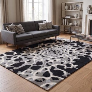 Alfombra de lana tejida a mano, diseño celular orgánico abstracto en negro y gris, alfombra moderna de mediados de siglo. imagen 6