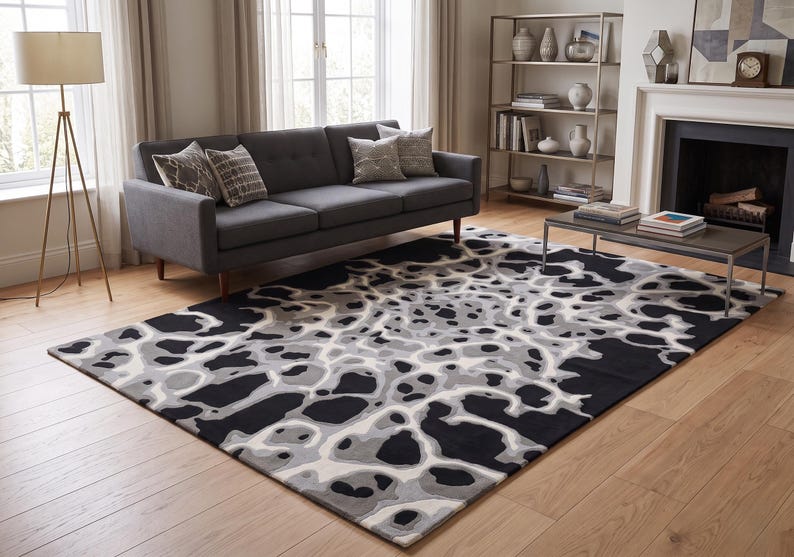 Alfombra de lana tejida a mano, diseño celular orgánico abstracto en negro y gris, alfombra moderna de mediados de siglo. imagen 6