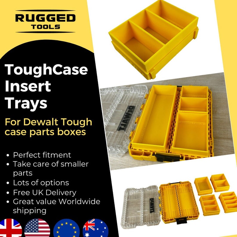 May include: Yellow plastic storage trays designed to fit inside a Dewalt Tough Case. The trays are divided into multiple compartments for organizing small parts. The text "ToughCase Insert Trays" is visible in the image.