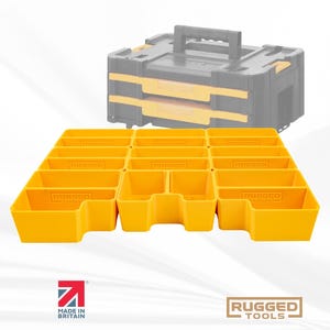 May include: Yellow plastic organiser insert with multiple compartments, designed for tool storage. A grey and yellow toolbox is visible in the background. The image also includes the text "RUGGED TOOLS" and "MADE IN BRITAIN".