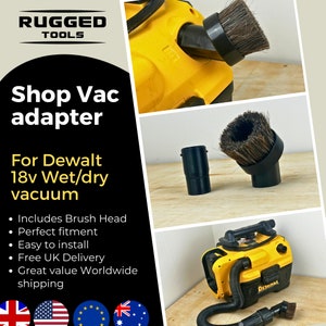 Könnte beinhalten: Gelber und schwarzer Shop-Vac-Adapter für einen Dewalt 18V Nass-/Trockensauger. Der Adapter enthält einen Bürstenkopf und ist einfach zu installieren. Kostenlose Lieferung nach Großbritannien.