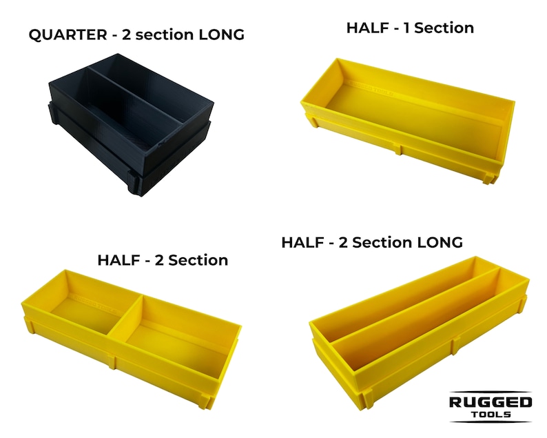 May include: Four different sizes of yellow and black plastic storage trays. The trays are divided into sections and are labeled "QUARTER - 2 section LONG", "HALF - 1 Section", "HALF - 2 Section LONG", and "HALF - 2 Section". The trays are made by "RUGGED TOOLS".